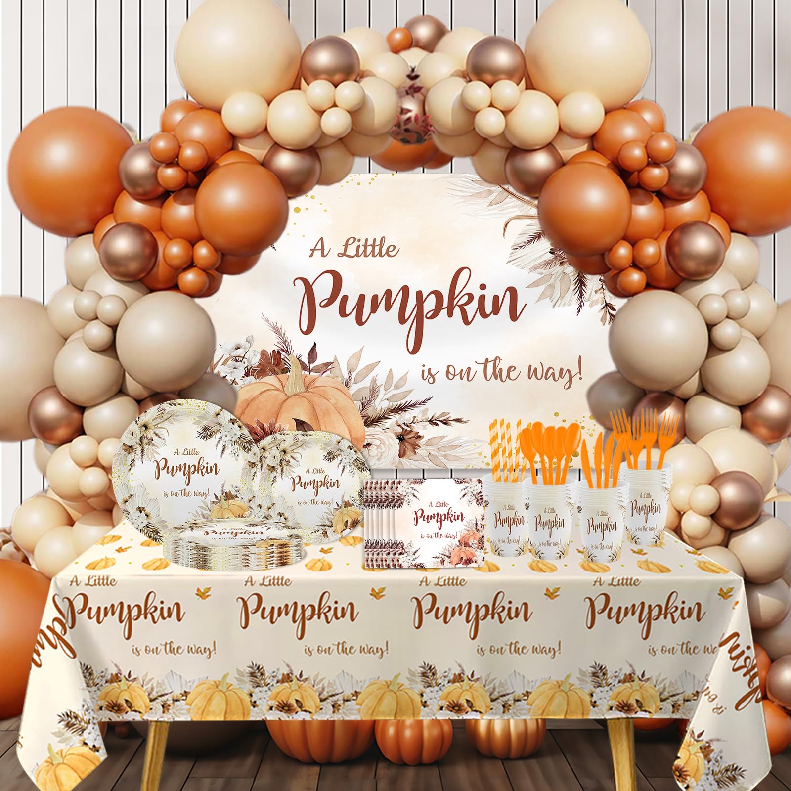 Photo 1 of MEHOFOND Fall Pumpkin Baby Shower Dcorations, Boho Floral Paper Plates and Napkins Party Supplies Disposable, Autumn Orange Brown Balloon Garland Arch Kit with Banner and Foil Balloons, Serve 24