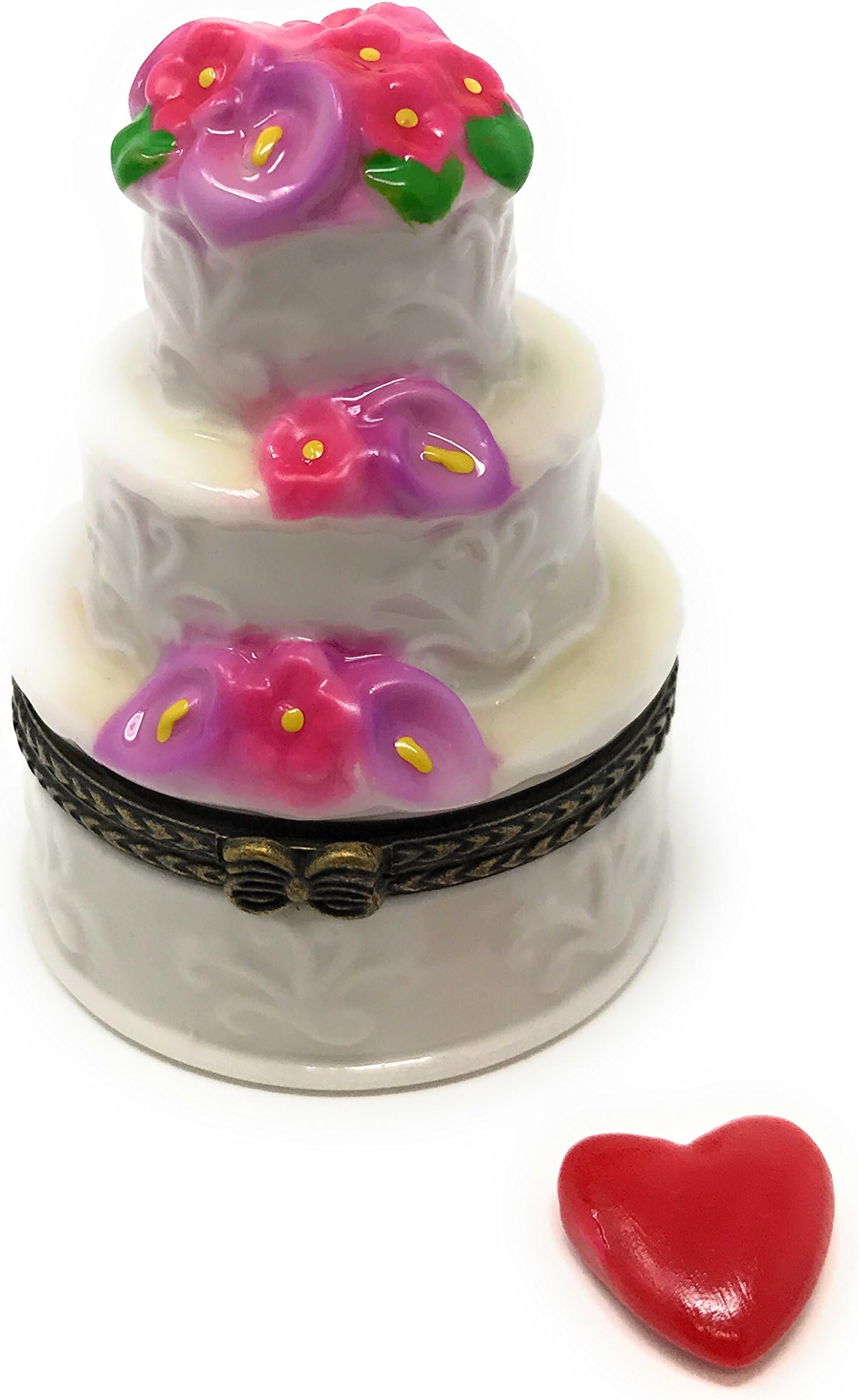 Porcelain 3 Layers Wedding Cake Trinket Box with Tiny Trinket Inside, 2.5 Inches Tall