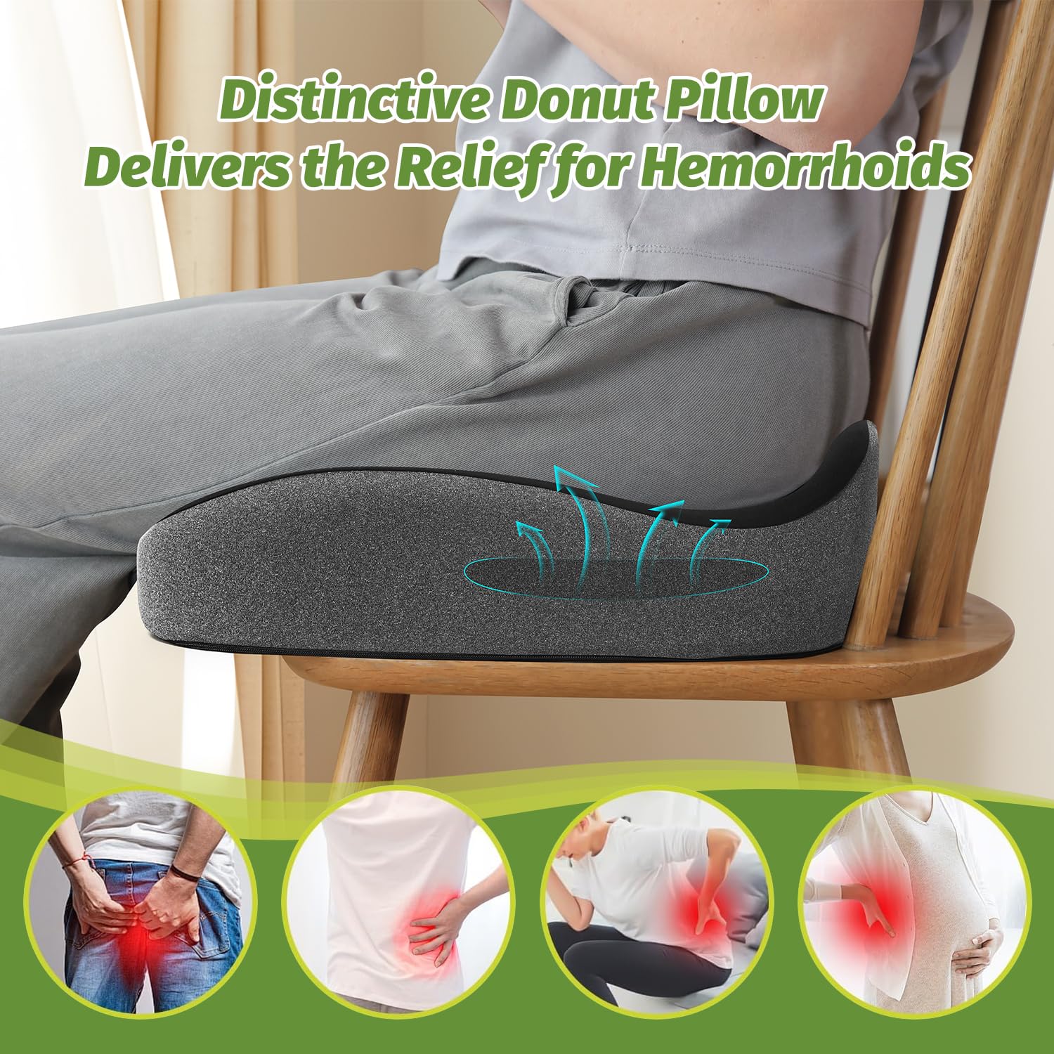 Concave U Surface Donut Pillow for Tailbone Pain Cradle Tailbone Reducing Pressure on Pelvis- Hemorrhoid Pillow for Office, Car, Home Seat- Black/Gray