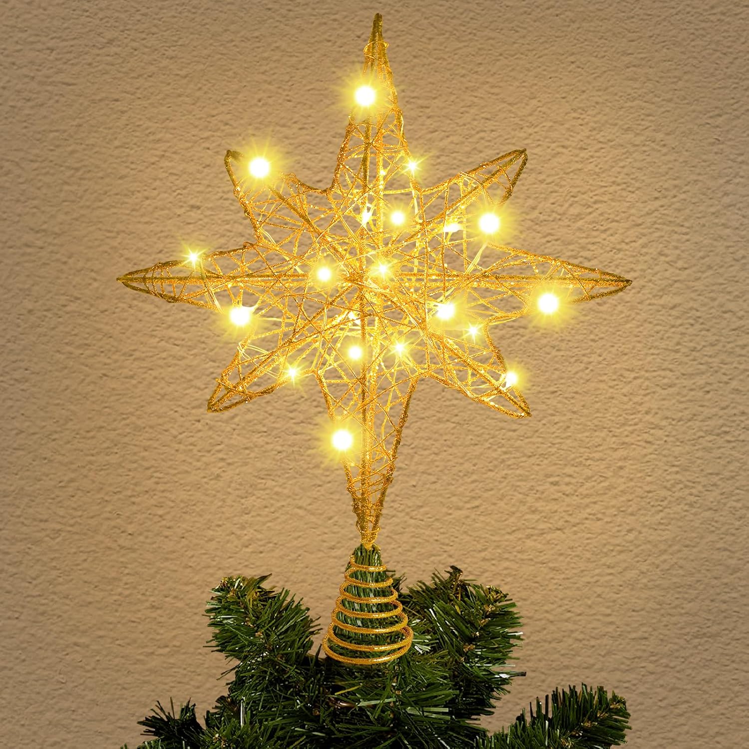 Tree Toppers - DULEFUN Christmas Tree Topper Lighted 13.5” Gold Star Tree Toppers with 20 LED Lights Christmas Tree Top Ornament for New Year Holiday Home Office Indoor Decorations