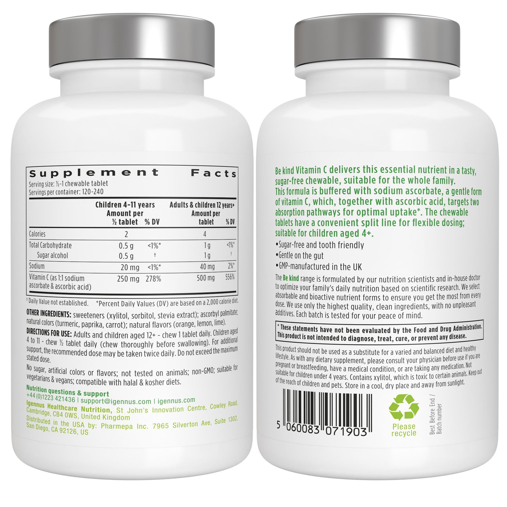 Igennus Gentle Buffered Vitamin C Chewable 500mg for Kids & Adults, No Artificial Colors & Natural Sugar Free Orange & Lemon Flavors, Vegan, Non-GMO, 120 Servings