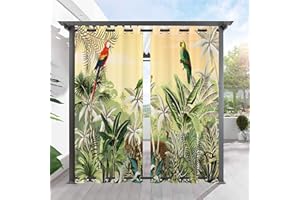 ANHOPE Outdoor Curtains Waterproof Windproof Grommet Top & Bottom Drapes Tropical Forest Plant Parrot Leopard Print Pattern Outside Curtains for Patio Pergola Gazebo Garden 2 Panels 54 x 84 Inch