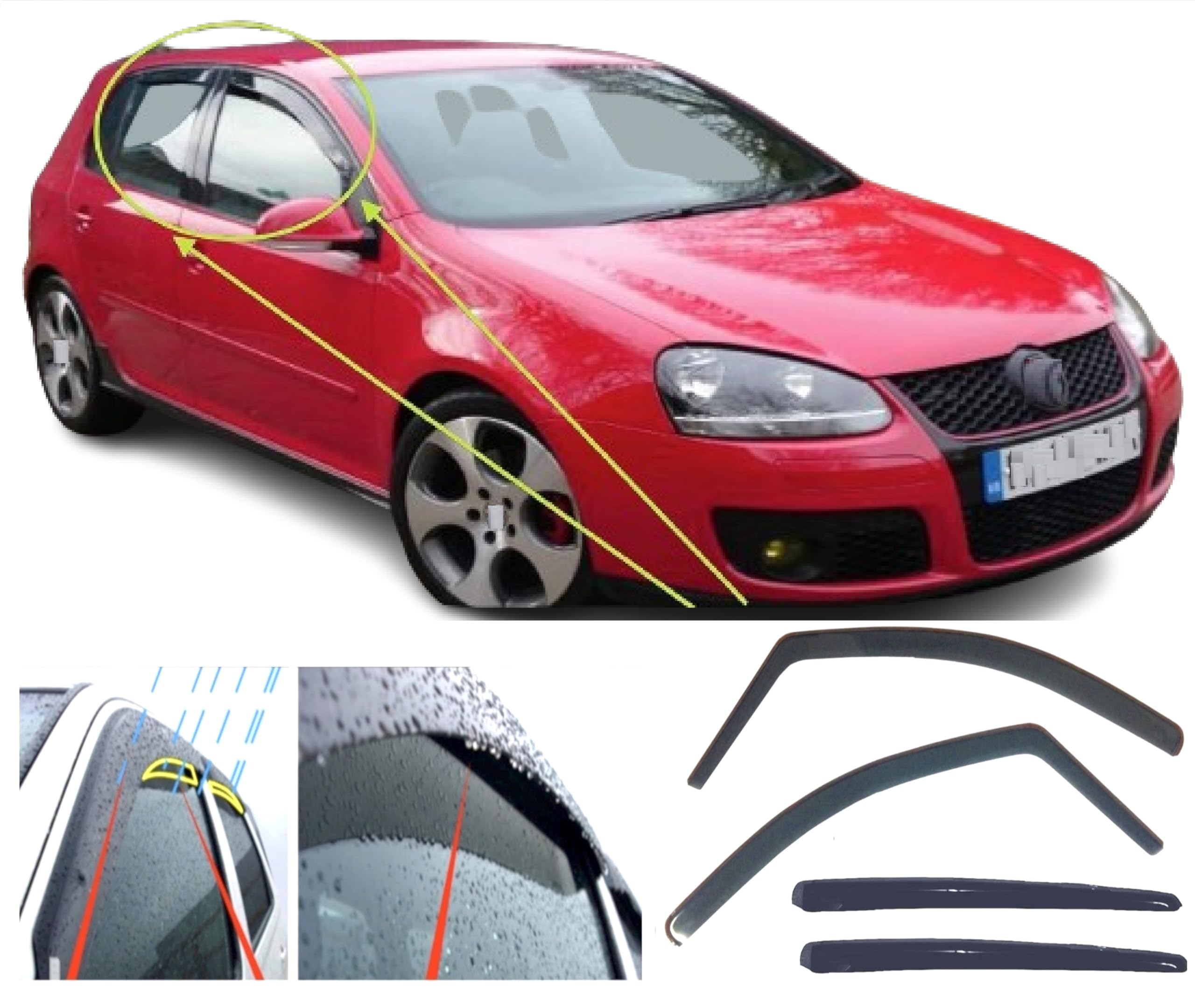 4x Wind Deflectors Compatible with Volkswagen Golf 5 Mk5 (type 1K) 5-door 2003 2004 2005 2006 2007 2008 2009 Acrylic Glass PMMA Door Window In-Channel Visors Rain Snow Sun Weather Shields Guards
