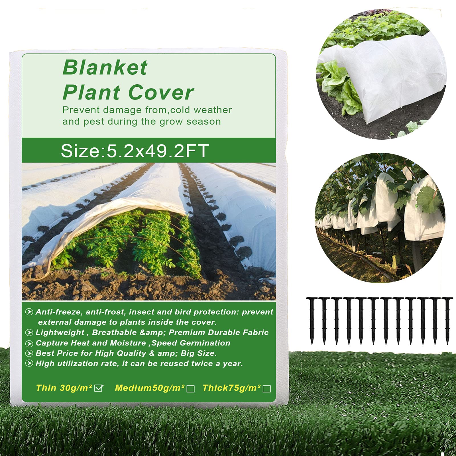 Kslogin Plant Frost Protection Fleece with 12 Gardening Stake for Winter Frost Protection, 1.6 x 15 M Reusable Frost Blanket Antifreeze Cover Plant Protective Layer for Winter, Sunscreen & Animal