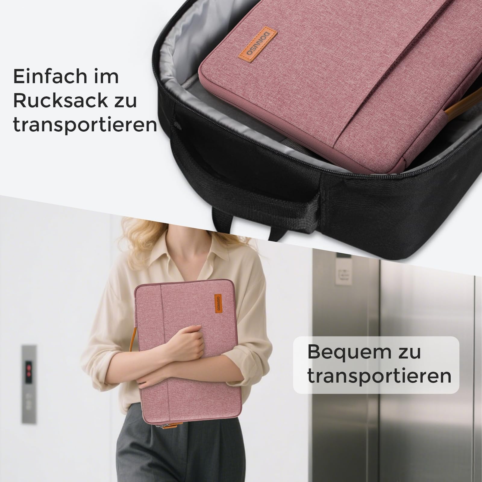 DOMISO Laptoptasche 15.6 zoll Laptop Hülle Tasche für 16 Zoll MacBook Pro 16 M5(2026)/M4(2025)/M3/M2/M1/Max,15,6 zoll Laptophülle Damen Wasserdicht Notebook Sleeve Case Bag Schutzhülle mit Griff,Rosa 8