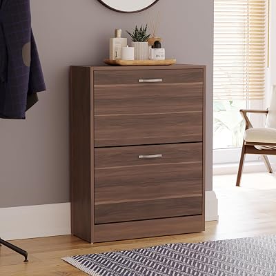 Vida Designs Walnut Shoe Cabinet 2-Drawer Slim Storage Hallway Unit