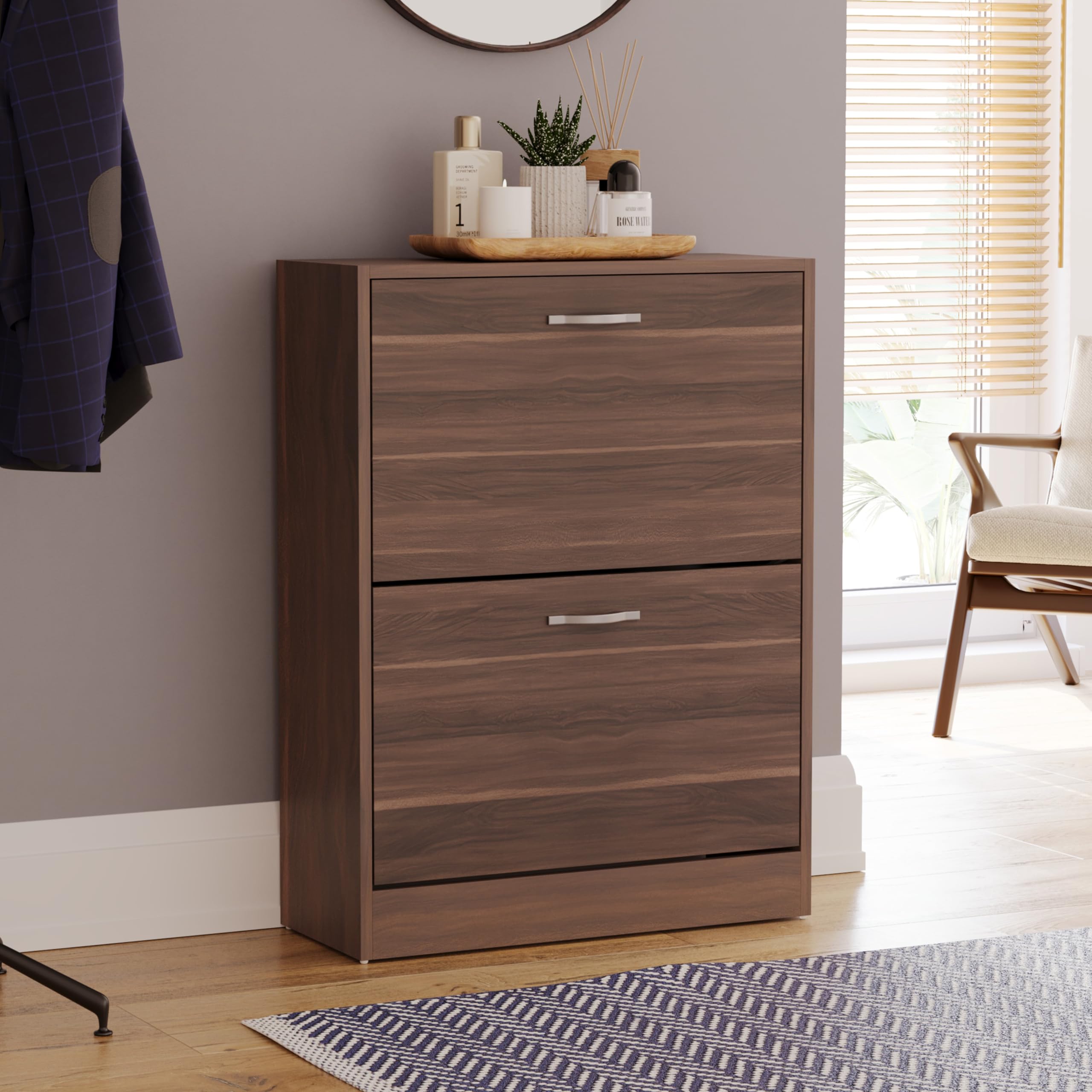 Vida Designs Shoe Cabinet, Wooden Shoe Storage Unit with 2 Pull-Down Drawers, Multifunctional Dust-Proof Space-Saving Slim Cupboard for Hallway or Entryway (Walnut)