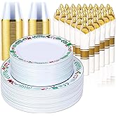 350pcs Christmas Disposable Plates & Cutlery Set - Plastic Plates, Tree Design, Gold Disposable Silverware, Clear Gold Cups for Holiday Celebrations 02