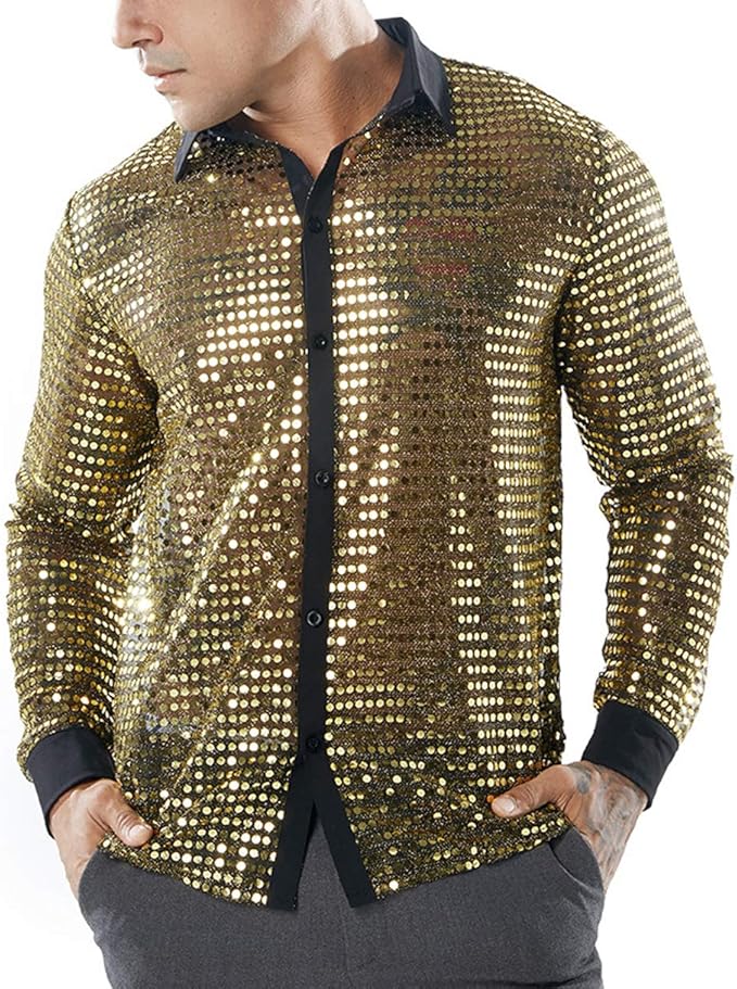 Vchomi Men's Shiny Sequin Casual Long Sleeve Shirt Small Golden Amazon