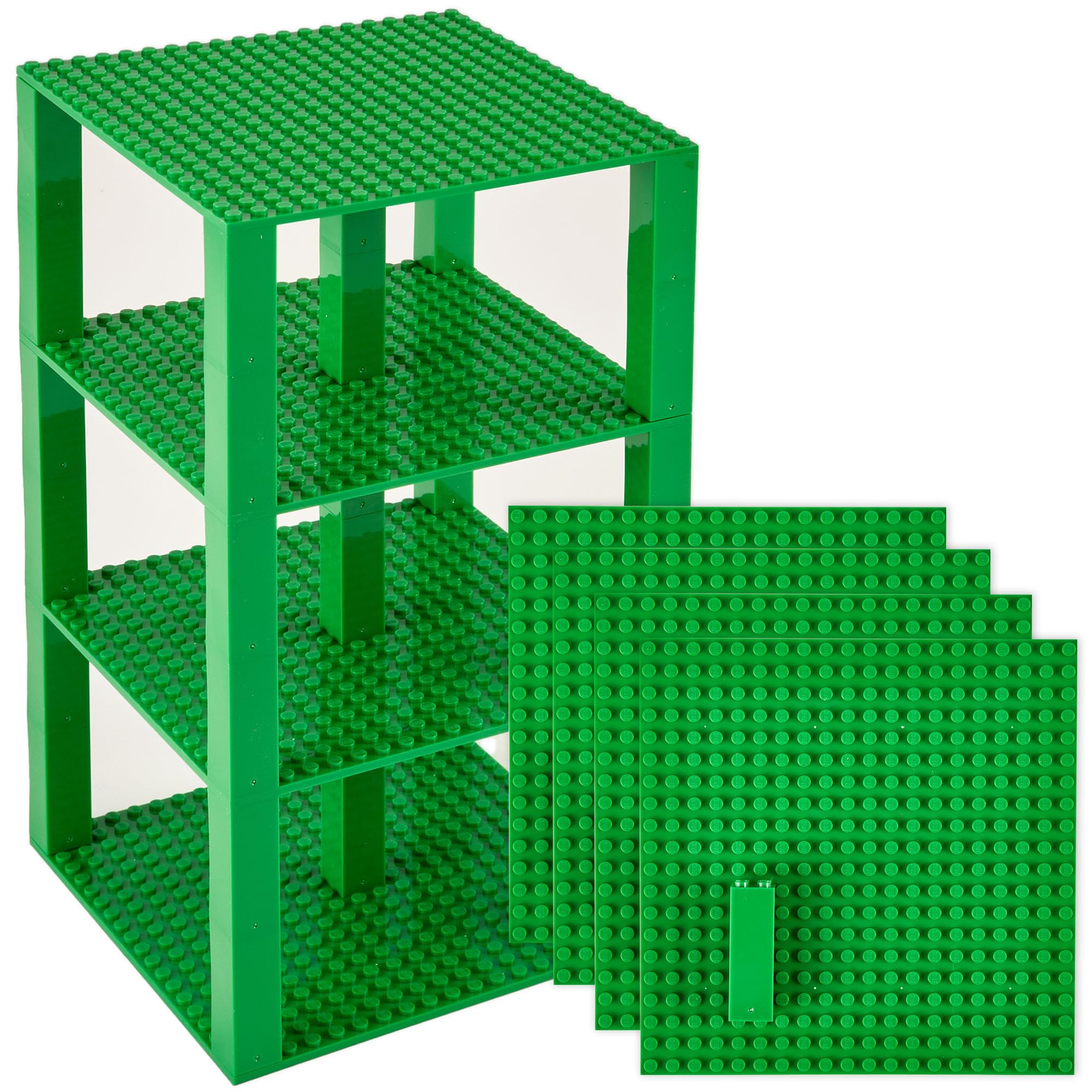 Premium Green Stackable Base Plates - 4 Pack 6" x 6" Baseplate Bundle with 30 New and Improved 2x2 Stackers - Tower Construction Compatible with All Major Brands