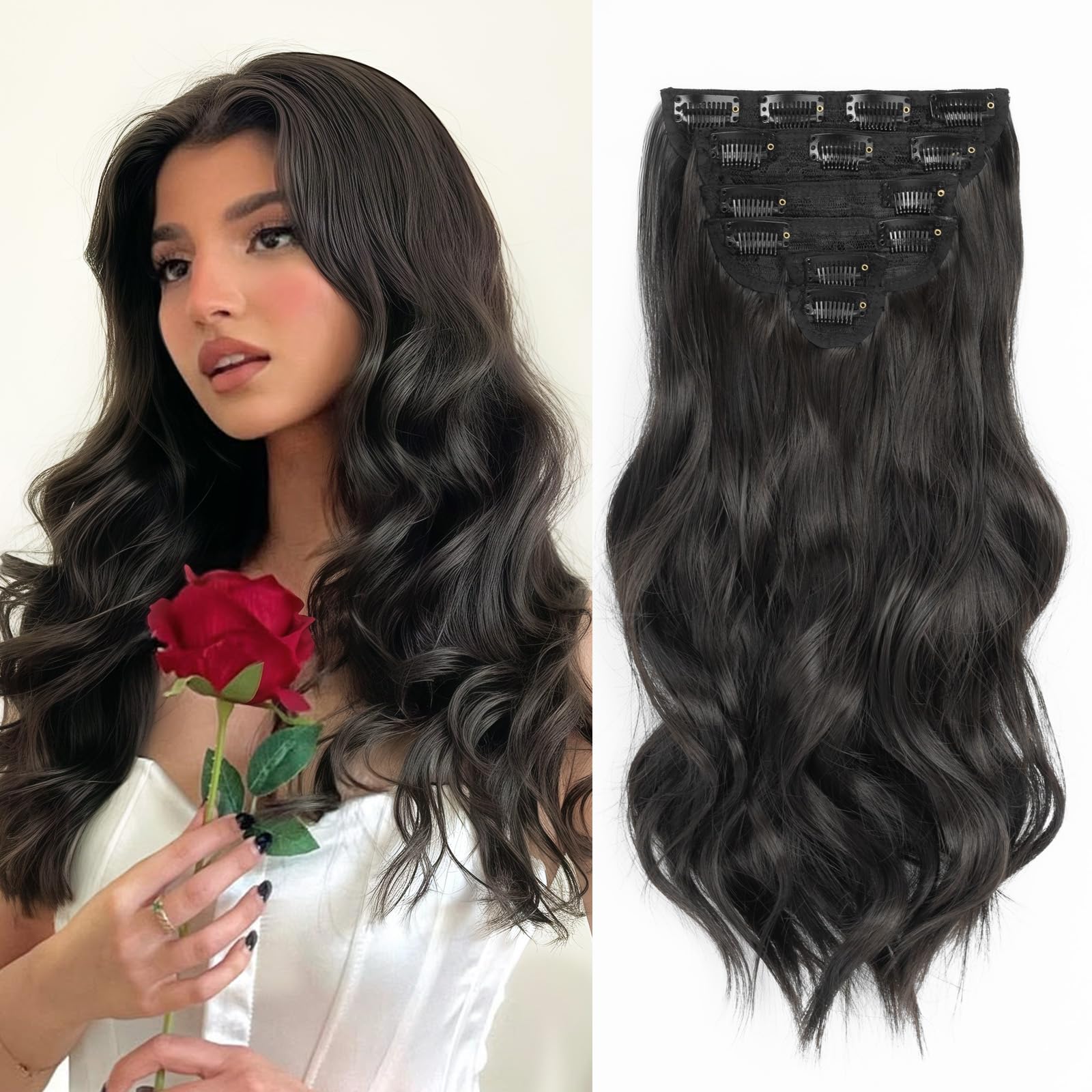 Photo 1 of Fliace Clip in Hair Extensions, 6 PCS 1 6 Inch Hair Extensions Clip Ins, Dark Brown Long Wavy Hairpieces(16inch, 6pcs, Dark Brown)