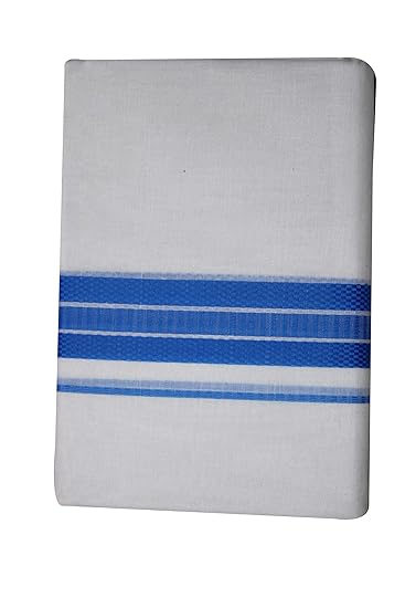 Cotton White Double Dhoti_White with Blue Border_380*127CM