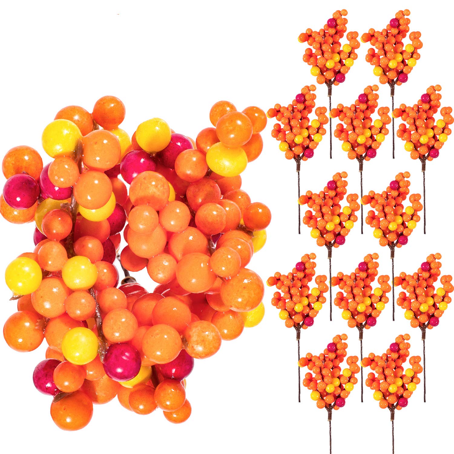 Whaline Autumn Orange Berry Twig Stem, 12 Pack Artificial Orange Berry Picks for Fall Decor, Christmas Tree Decorations, Crafts, Wedding, Holiday Home Decoration