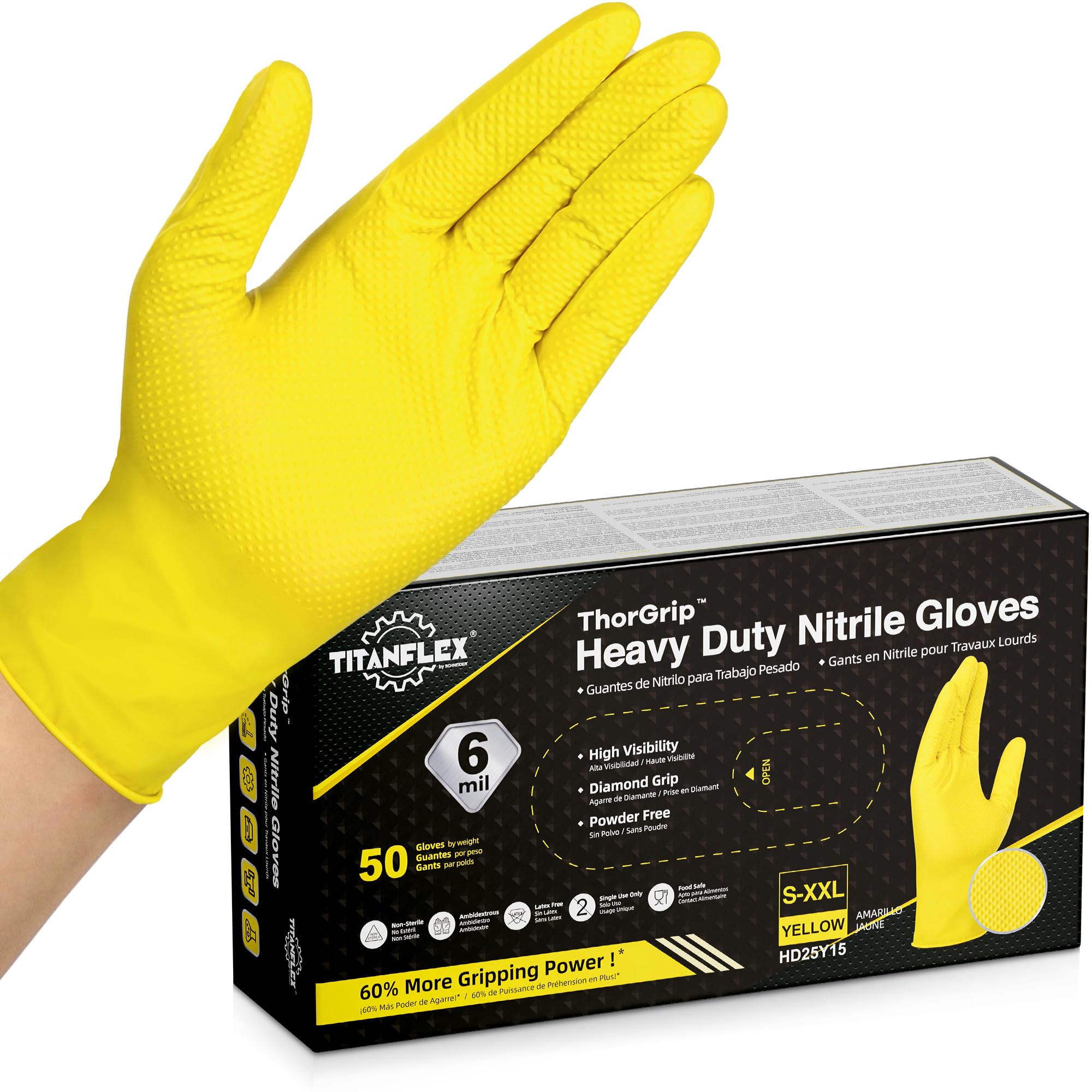 Photo 1 of TitanFlex Heavy Duty Nitrile Gloves, 6 Mil Yellow Raised Diamond Texture, Mechanic Disposable Gloves, Latex Free, Powder Free, 50-ct Box(Large)