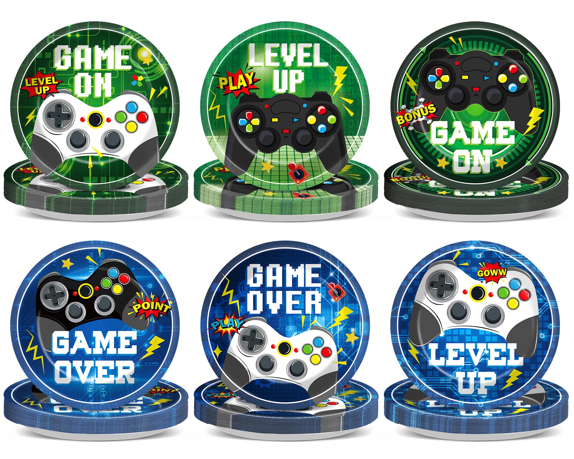 Photo 1 of ***PARTIAL SET- PRICE ADJUSTED**ONLY HAS GAME ON WHITE /GREEN PLATES *** *60PCS Video Game Birthday Party Plates Blue Green Gamer Disposable Paper Dessert Plates for Video Gaming Birthday Decorations Gaming Party Tableware Set for Boys Kids Game on Theme 