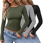 Locoowai 3 Pack Women's Long Sleeve Shirts Crewneck Going Out Basic Tops Tight Slim Fit Side Ruched Crop Tees Y2k Outfits