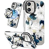 Lotadilo Case for iPhone 16 Plus Case Compatible with Magsafe Ring Holder Stand - for Women Blue Flower Design TPU Phone Cover for Girls Girly Funny Fashion