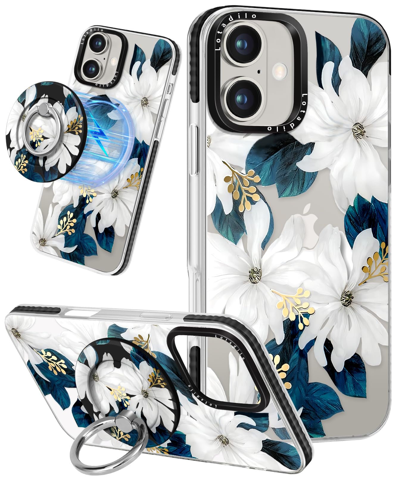 Photo 1 of Lotadilo Case for iPhone 16 Case Compatible with Magsafe Ring Holder Stand - for Women Blue Flower Design TPU Phone Cover for Girls Girly Funny Fashion