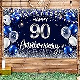 Happy 90th Anniversary Backdrop Banner Decor Navy Blue – Silver Glitter Happy 90 Years Wedding Anniversary Party Theme Decorations for Women Men Supplies
