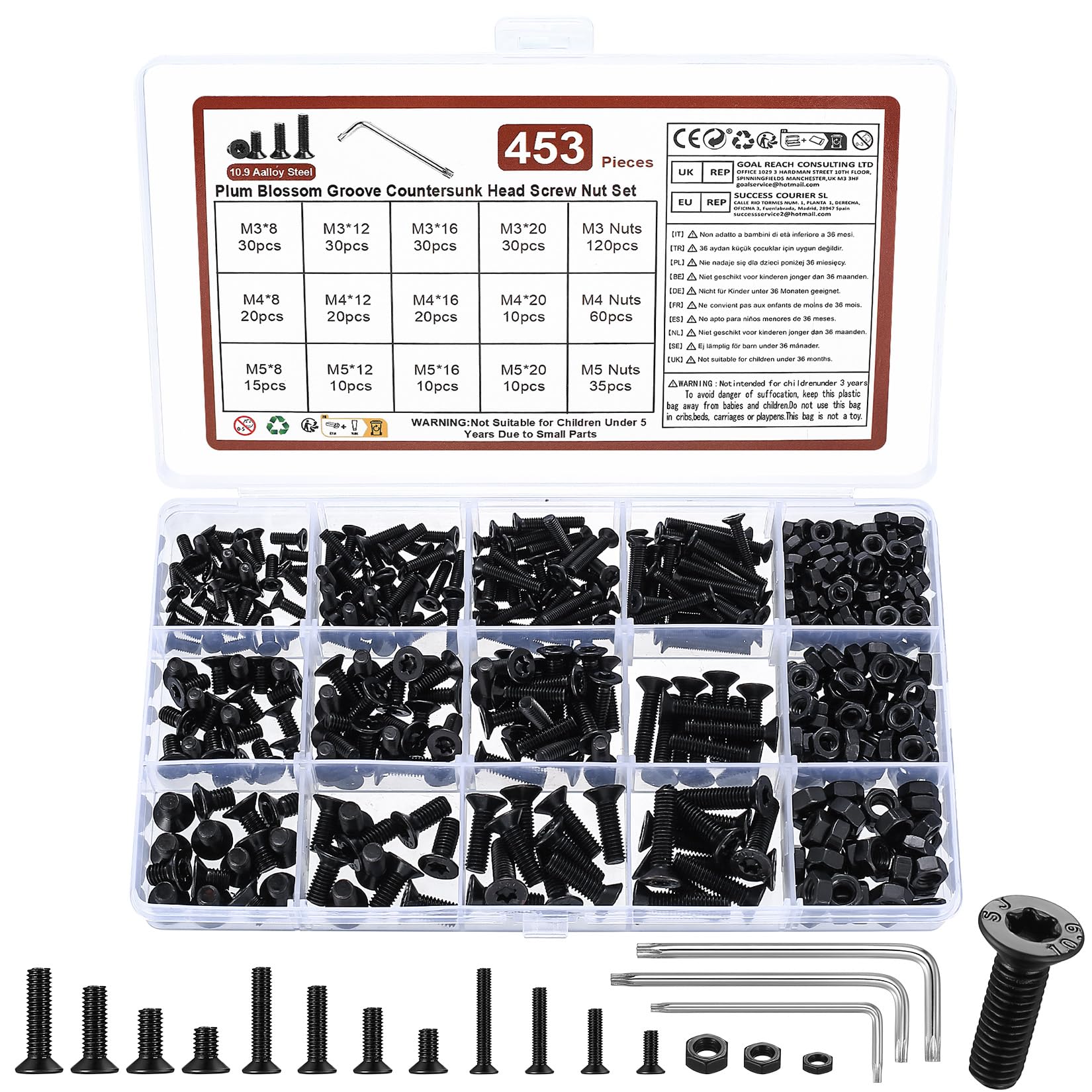 453 Pcs M3 M4 M5 Screws Set, Countersunk Bolts and Nuts Set, Torx Flat Head Machine Bolts and Nuts Kit, Black Torx Countersunk Head Screws, 10.9 Grade Carbon Steel, with Wrench