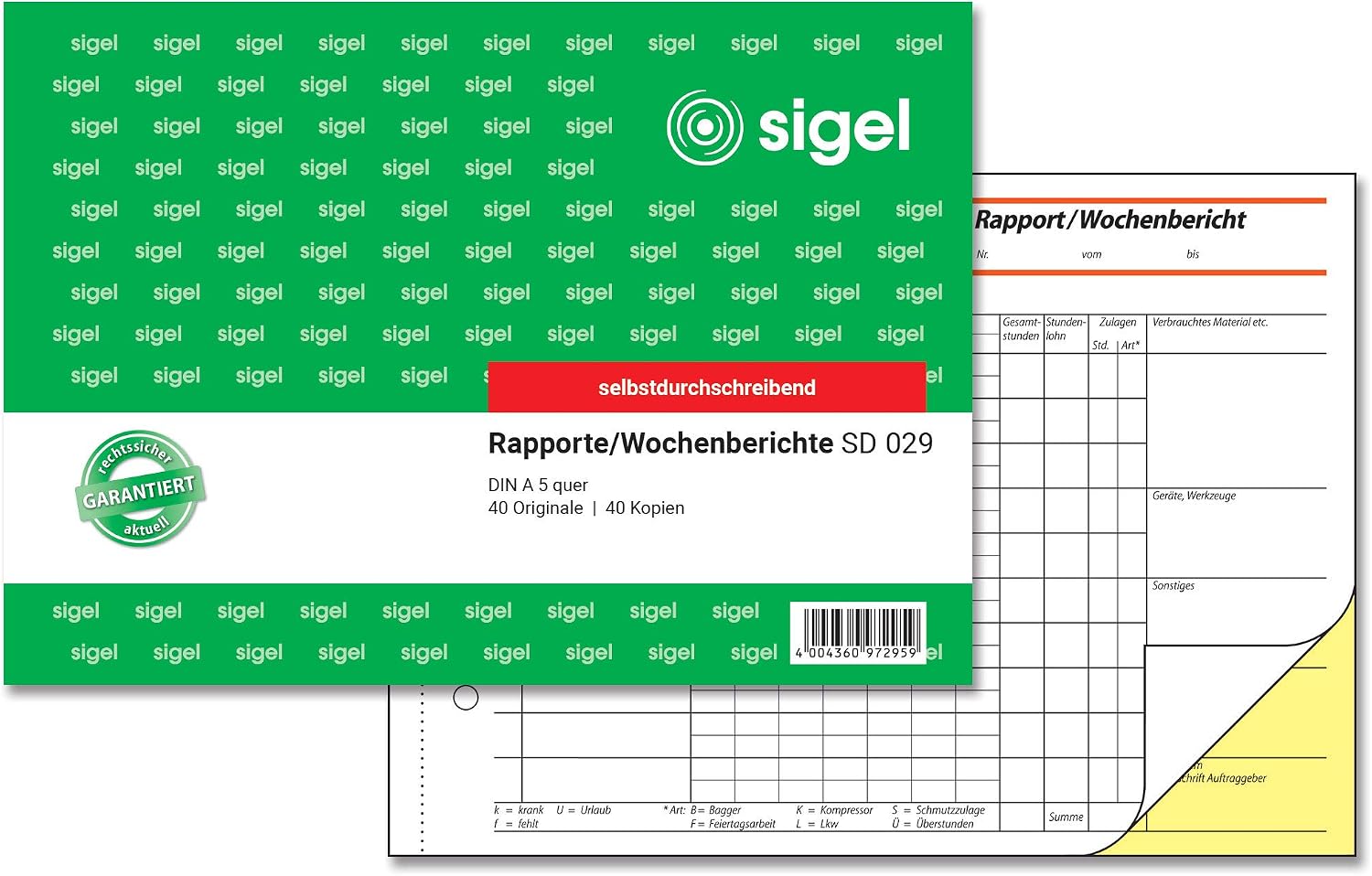 Sigel SD029 Weekly Report First and Second Pages Printed A5 Landscape 2 x 40 Pages Carbonless Copying (German Language)