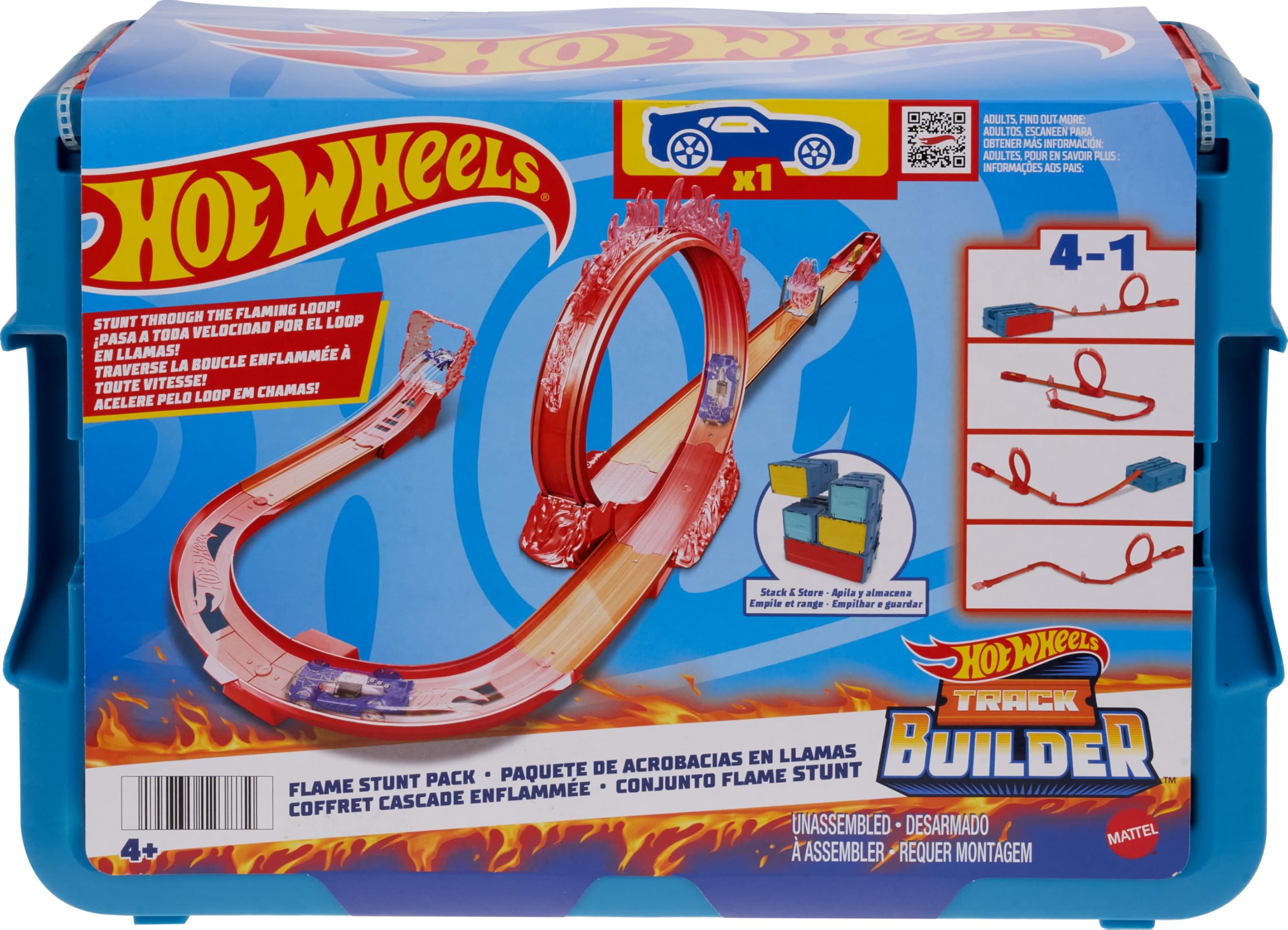 Hot Wheels Toy Car Track Set, Track Builder Playset Flame Stunt Pack with 16 Component Parts & 1:64 Scale Vehicle in Modular Storage Container, HMC04