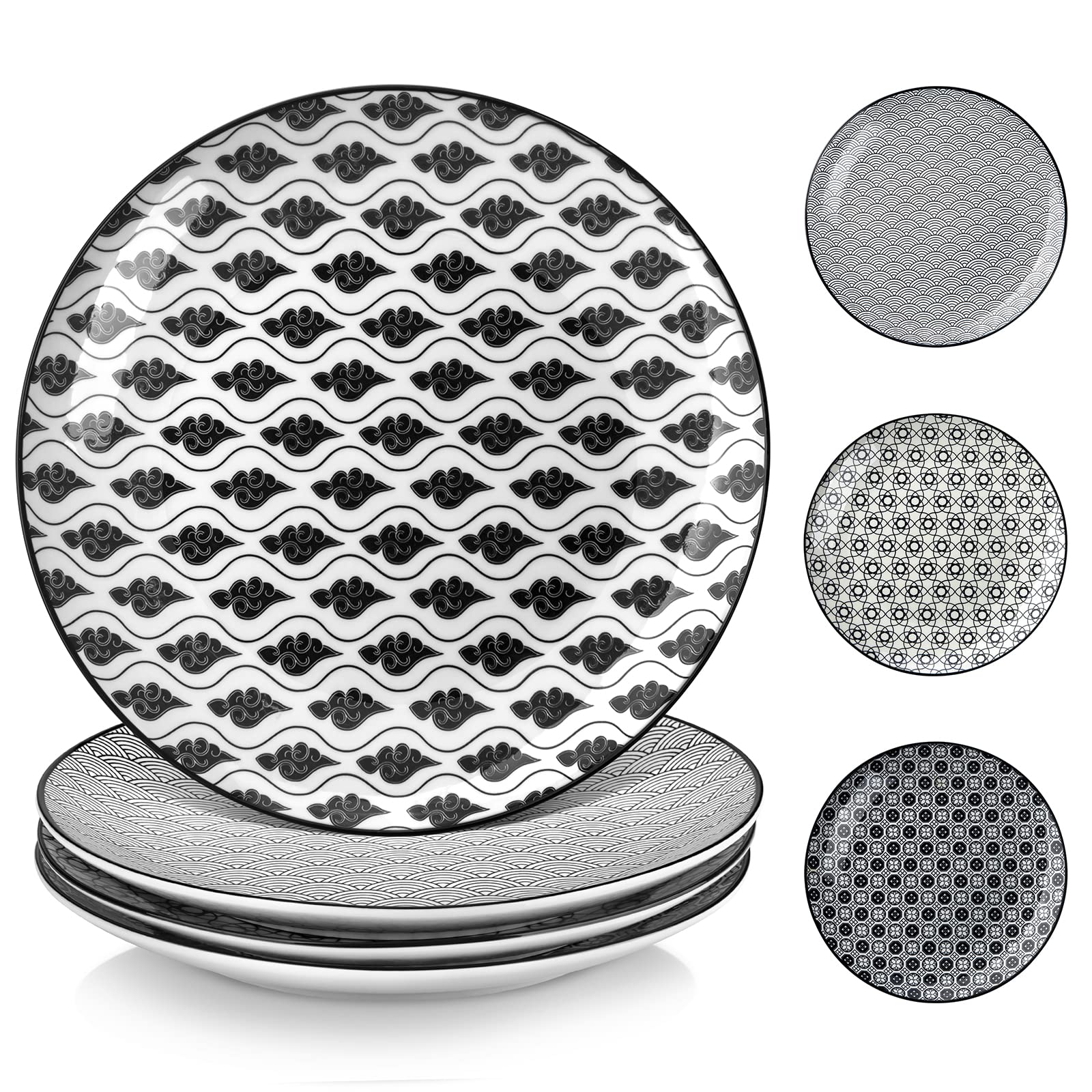 vancasso Haruka Porcelain Dinner Plate Set of 4, Japanese Style Crockery Black White Dinnerware Tableware, 4 Pieces Hand Painted Crockery 10.5 inch Dinner/Salad/Fruit/Snack Plate(26.5 * 26.5 * 2.8cm)