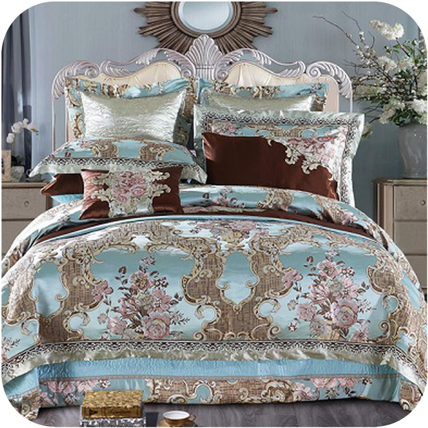 4/6/10Pieces King Queen Size Wedding Royal Bedding Sets Satin Cotton Silky Soft Bedclothes Bedspread Duvet Cover Set,Color 1,Queen Size 10Pcs