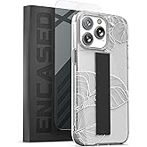 ENCASED Finger Grip Case Designed for iPhone 14 PRO Case with Hand Strap and Screen Protector (Stretch Loop Ring Phone Holder) White Lace Leaf