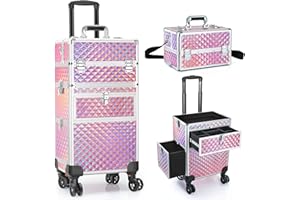 BUKUMO Professional Rolling Makeup Train Case, Multi-functional Cosmetic Trolley with 360° Swivel Wheels Keys, Large Storage Traveling Cart Trunk, Cosmetic Train Cases for Nail Technicians Hairstylist