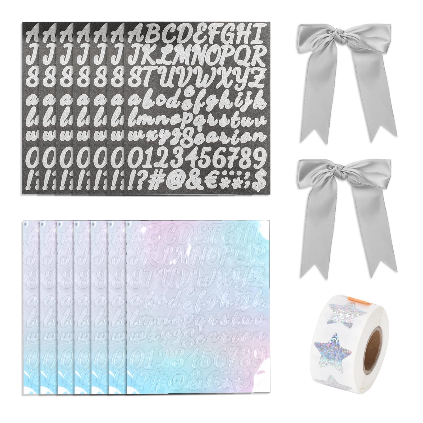 Graduation Cap Decorations Kit(7 Glitter Silver Letter Number Stickers and 7 Illusion Color Letter Number Stickers,1 Pair of Gold Bows,1 Roll Star Laser Style Stickers)for Graduation Cap DIY Art Craft