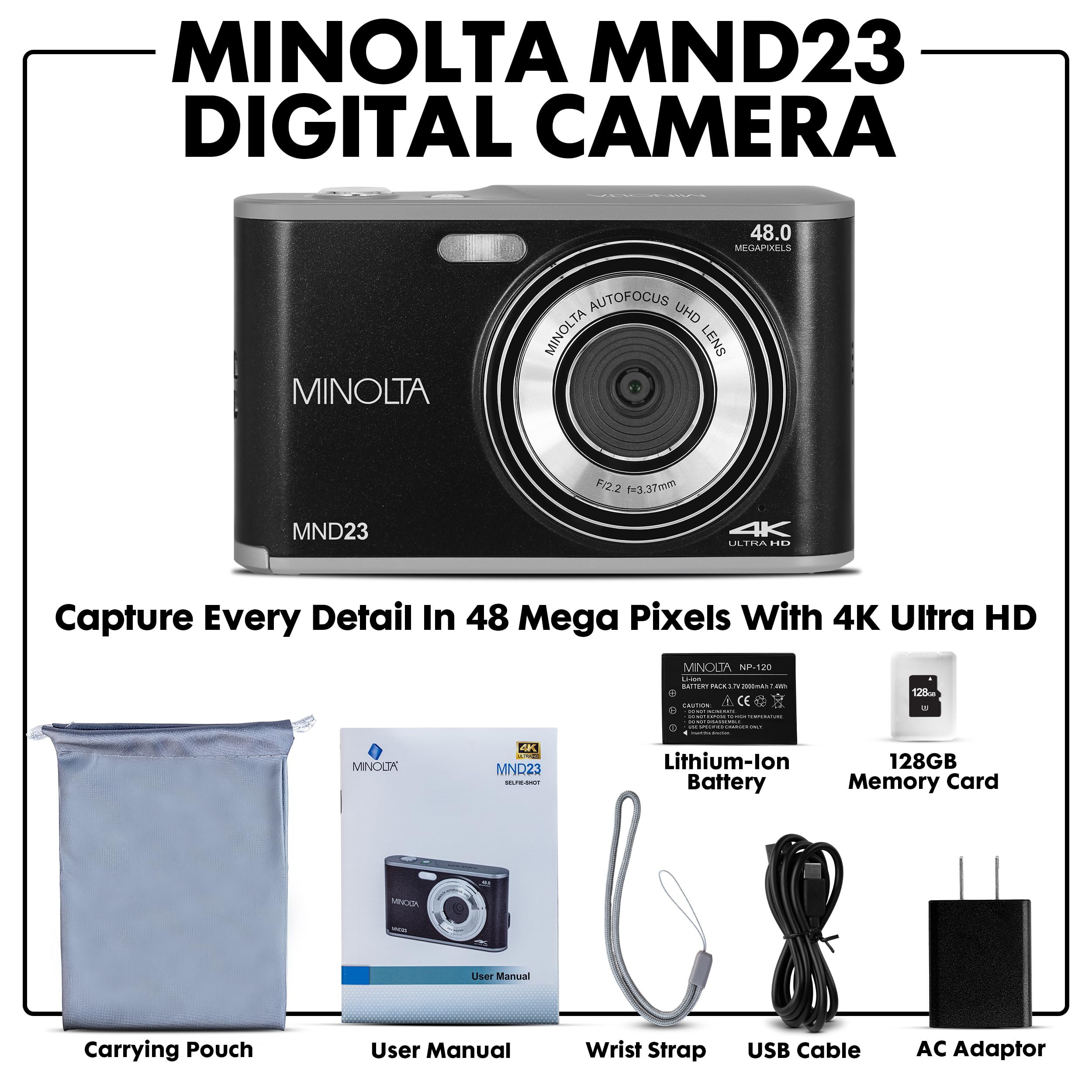 Minolta 48MP Digital Camera with Rear Selfie Lens – 4K Ultra HD Video, 2.8