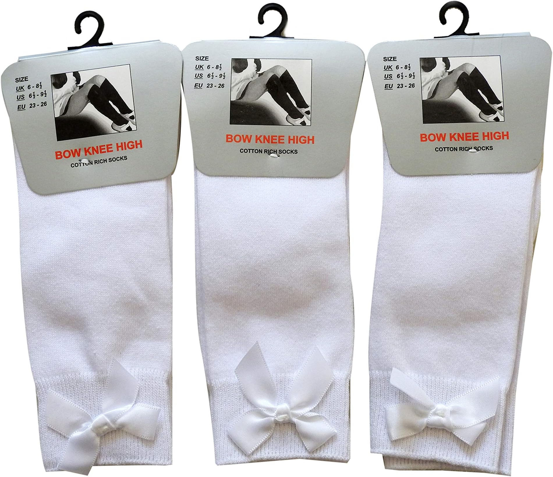 Ikebana Trends Bow Knee High 3 pairs School Girls & Kids Plain Long Length Cotton Stretch With all size & colour (Set of 3 pairs) (UK 6-8.5 (EU 23-26.5), White)