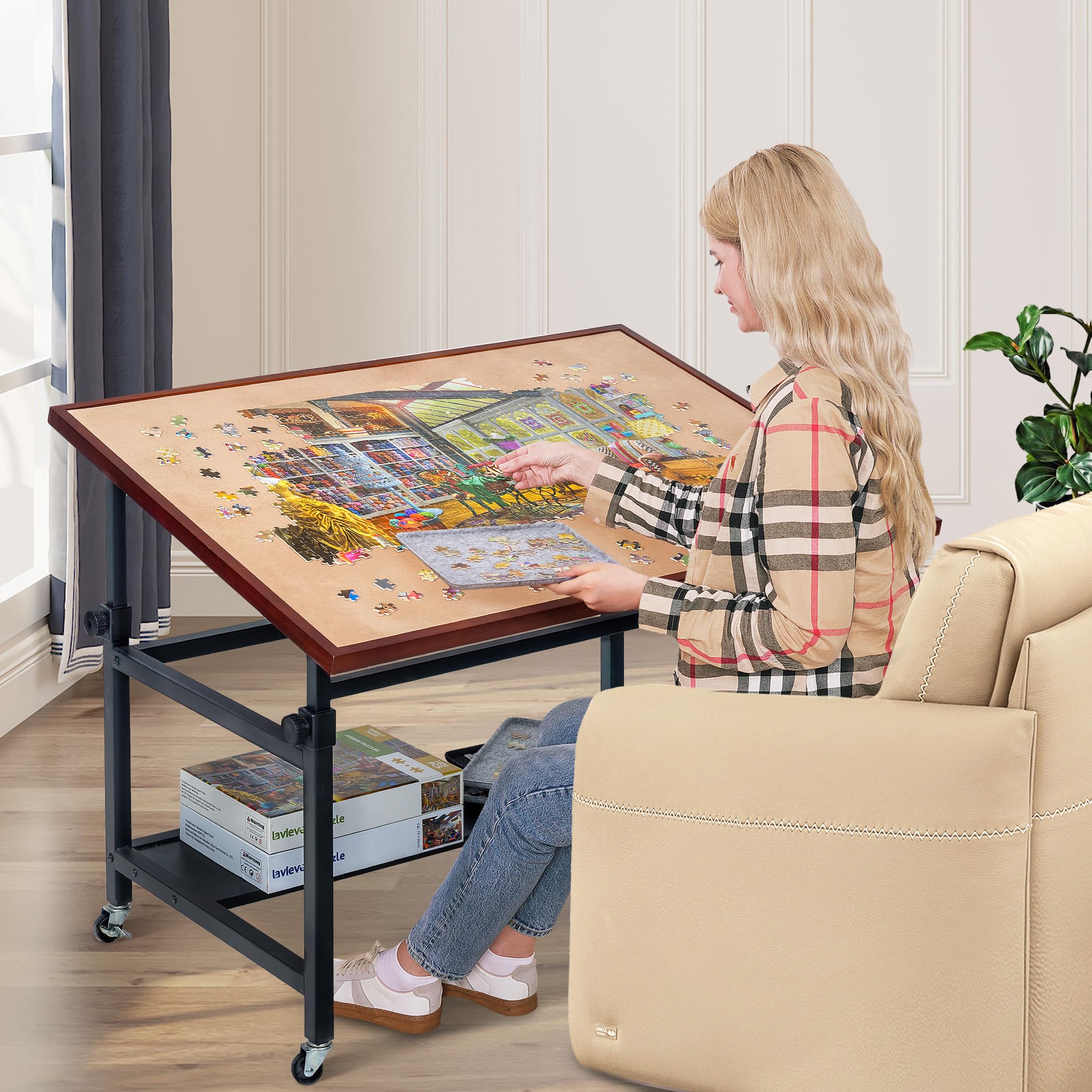 LAVIEVERT 1500 Piece Tilting Puzzle Table with Legs, Angle & Height Adjustable Puzzle Board Easel with Cover & Storage, Portable Wooden Jigsaw Table with 4 Wheels & Non-Slip Tabletop for Adults