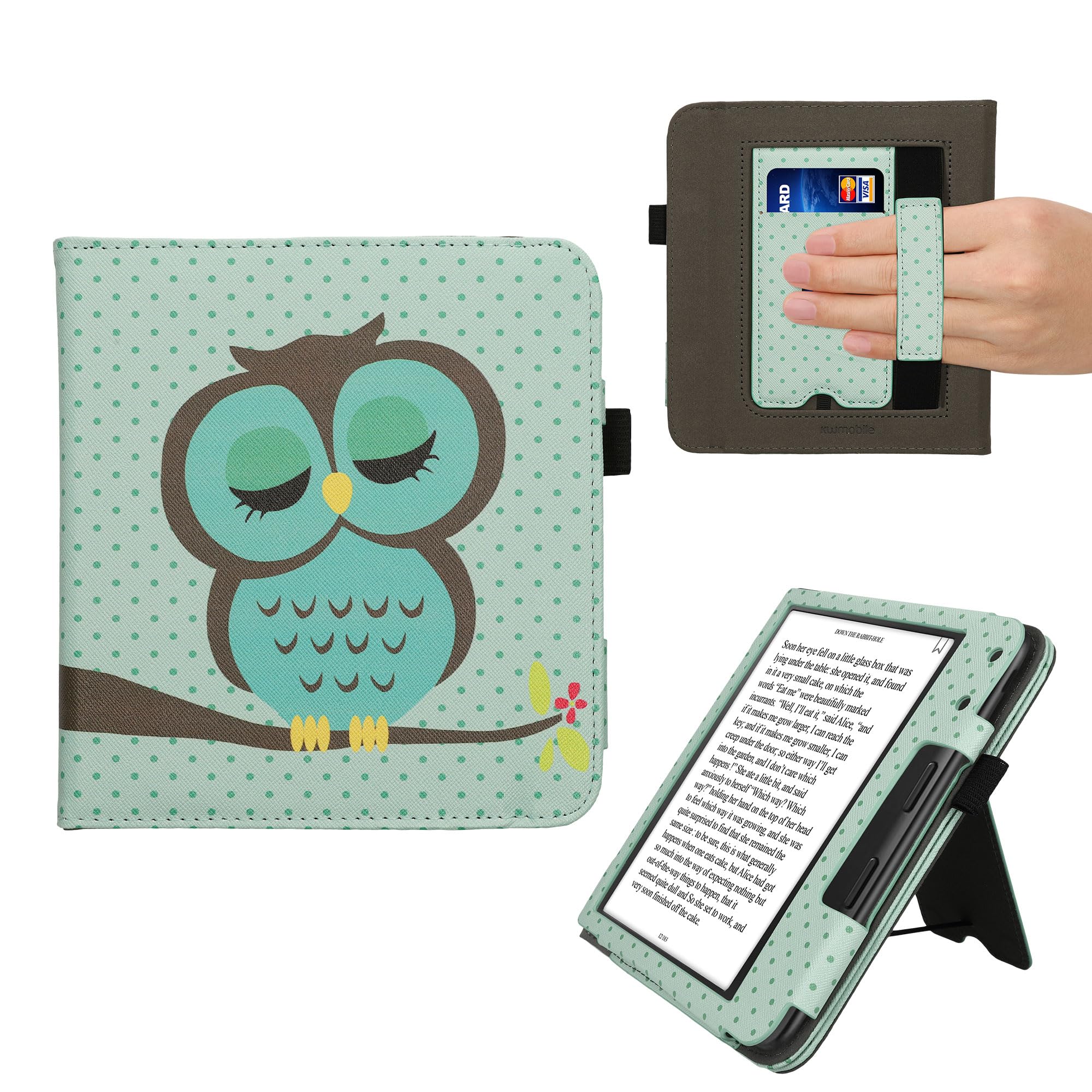 kwmobile Case Compatible with Kobo Libra Colour - Case PU Leather Cover with Magnet Closure, Stand, Strap, Card Slot - Sleeping Owl Turquoise/Brown/Mint
