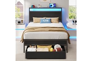 Fluest Twin Bed Frame,Twin Bed Frame with Storage Headboard & Storage Drawer, Charging Station & LED Light, No Box Spring Needed, Noise Free, Easy Assembly, Classic Black