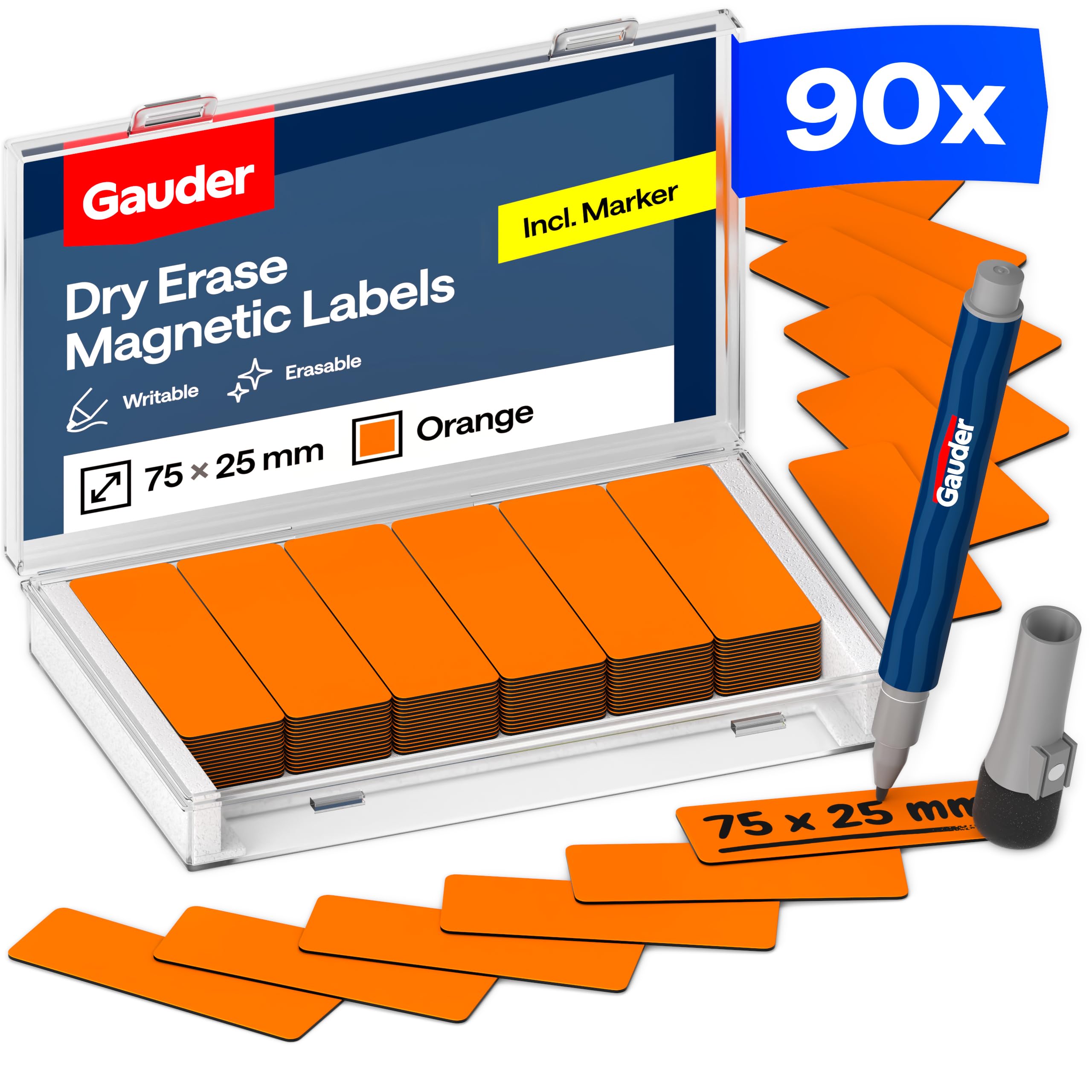 GAUDER Magnetic Labels Writable - Reusable Magnetic Tags for Whiteboard, Blackboard, Kanban Board and Fridge - Magnet Cards with Marker (90 Pieces - 75 x 25 mm)