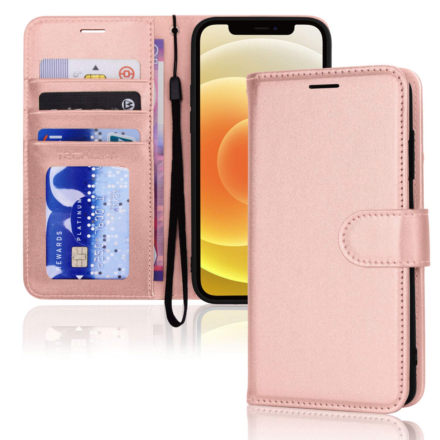 TECHGEAR iPhone 12 Pro Max Leather Wallet Case, Flip Protect Case Cover with Wallet Card Holder, Stand and Wrist Strap, Rose Gold PU Leather with Magnetic Closure Designed for iPhone 12 Pro Max 6.7"