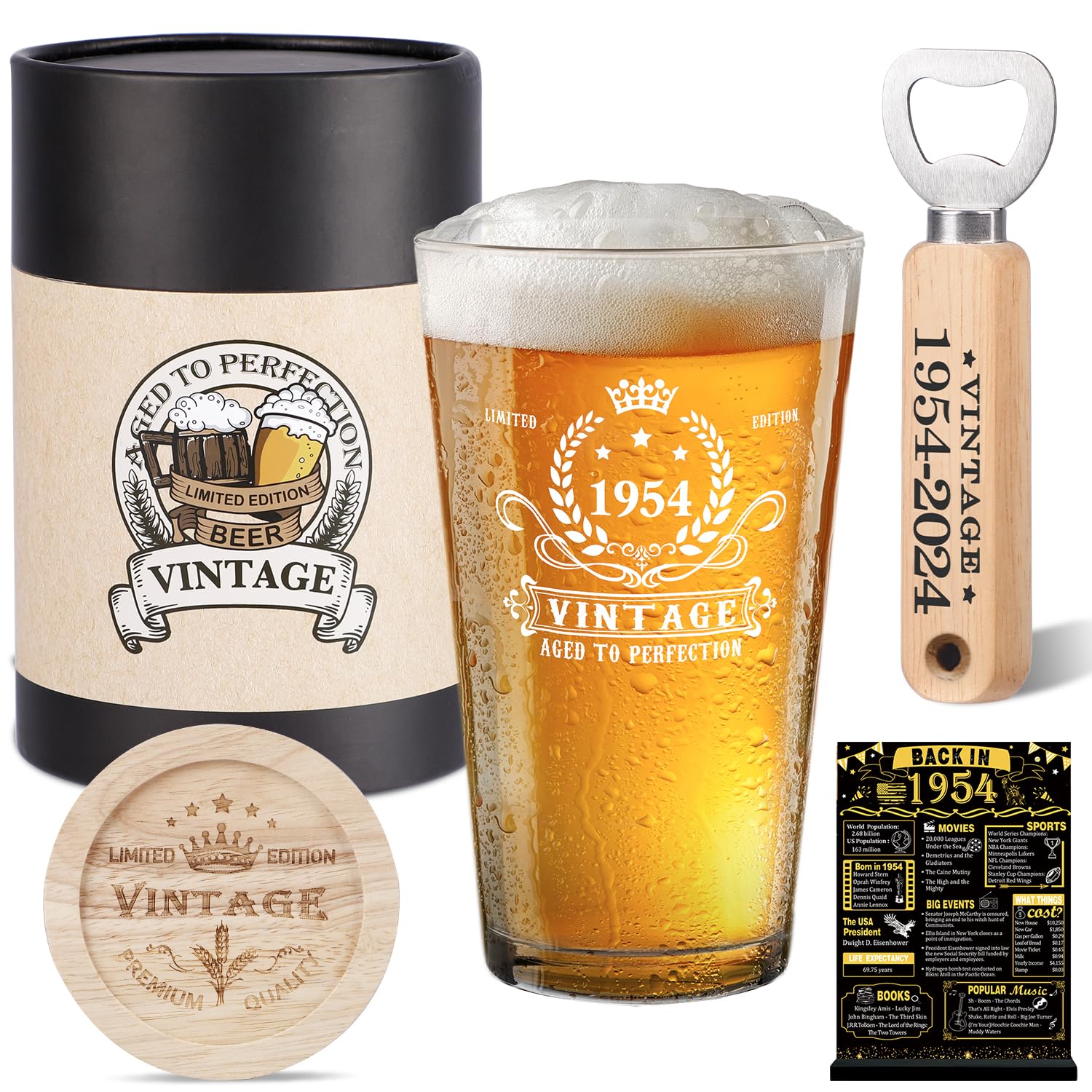 Photo 1 of 70th Birthday Gifts for Men, Vintage 1954 Beer Glass, Wooden Coaster, Wooden Bottle Opener, Vintage Beer Gift Box, 1954 Poster Anniversary Card and Greeting Card 70th Birthday Gift Ideas for Him