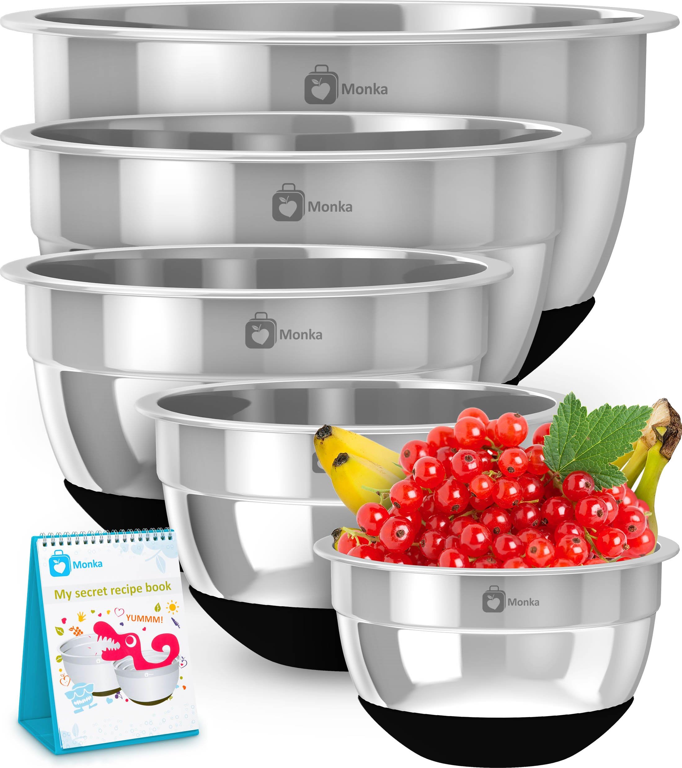 Premium Stainless Steel Mixing Bowls With Non Slip Bottom (Set of 5). Sizes 8, 5, 3, 1.7, 0.75 QT For Healthy Meal, Nesting and Stackable .MONKA
