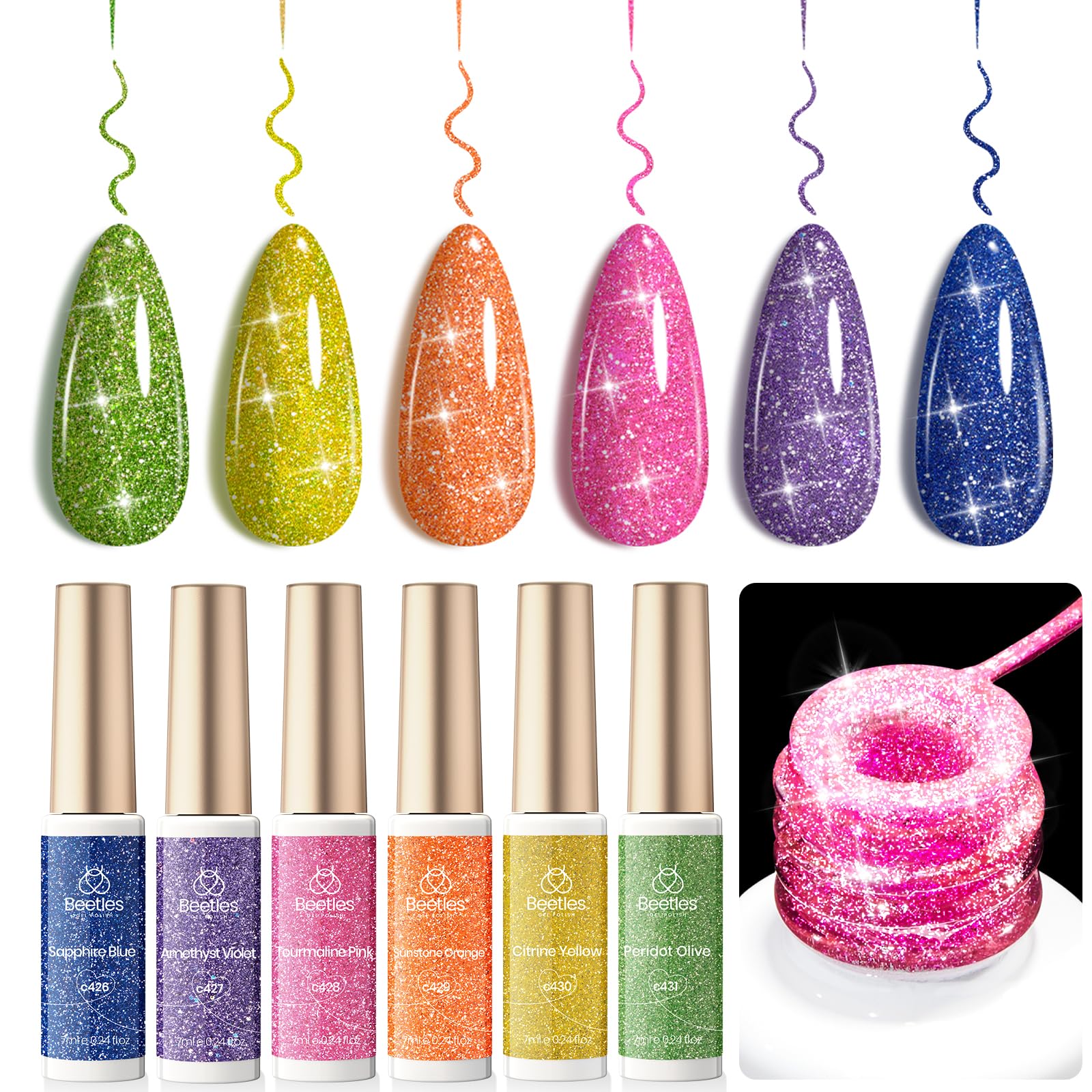 Beetles Gel Liner Nail Art, 6 Colors Reflective Glitter Gel Nail Polish Neon Purple Green Hot Pink Yellow Swirl Glow in the Dark Nail Art Polish, Sparkly Diamond Built Thin Nail Brush in Bottle