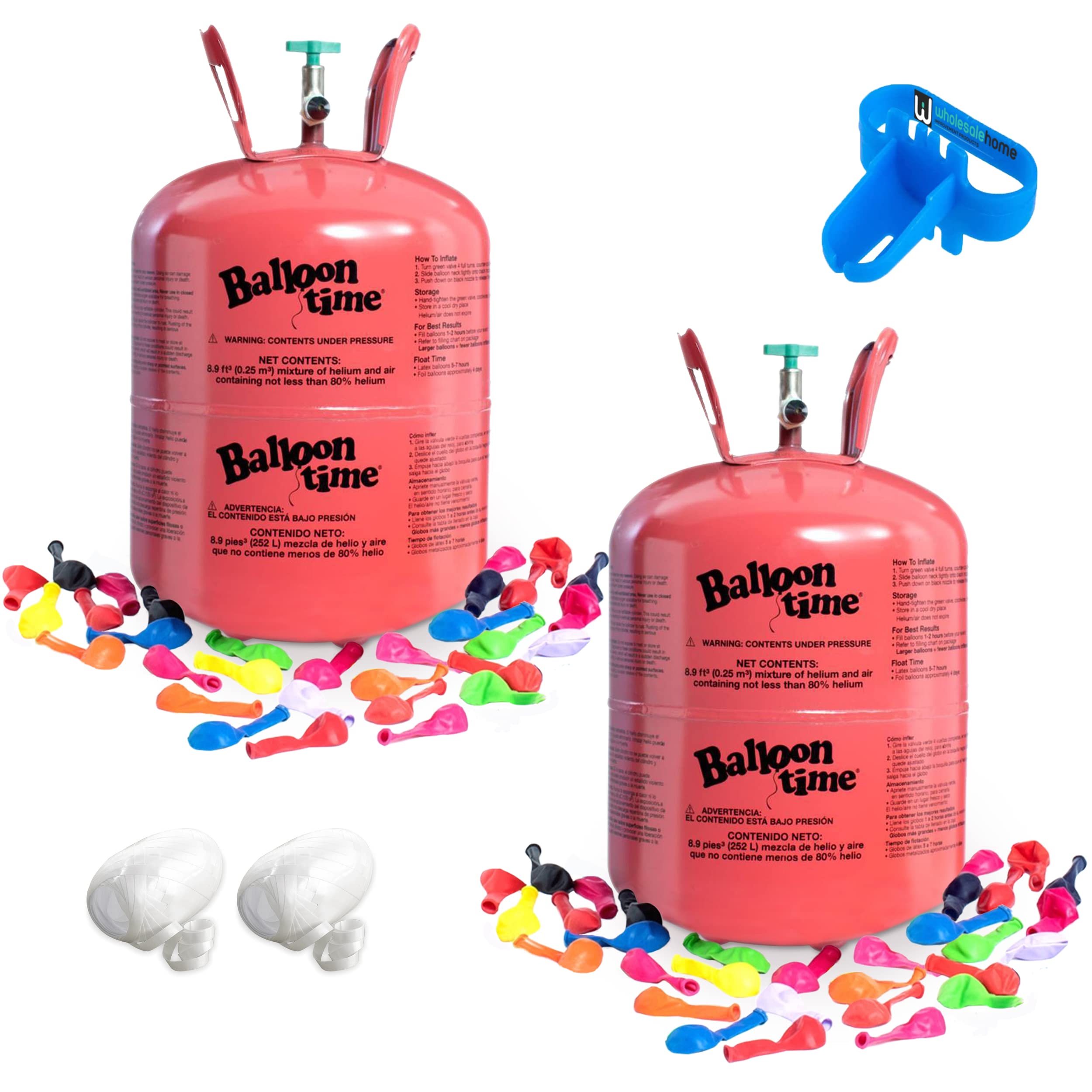 Helium Tank for Balloons At Home, 14.9 Cu Ft Helium Balloon Pump Kit with 50 Assorted Latex Balloons, White Curling Ribbon and Wholesalehome Balloon Tie Tool, 2 Pack