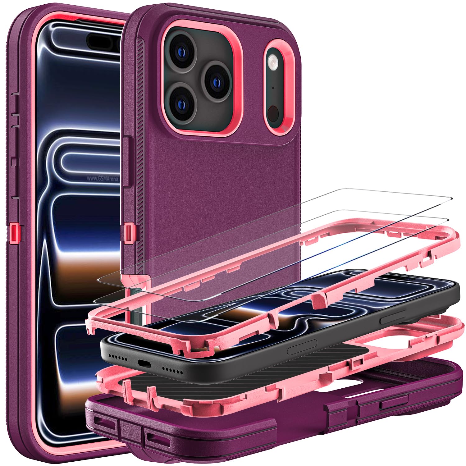 YKHJKLEC for iPhone 17 Pro Case, Military Grade 3 in 1 Heavy Duty Shockproof/Drop Proof/Dust Proof Case with 2Pcs Tempered Glass Screen Protector (Purple/Pink)