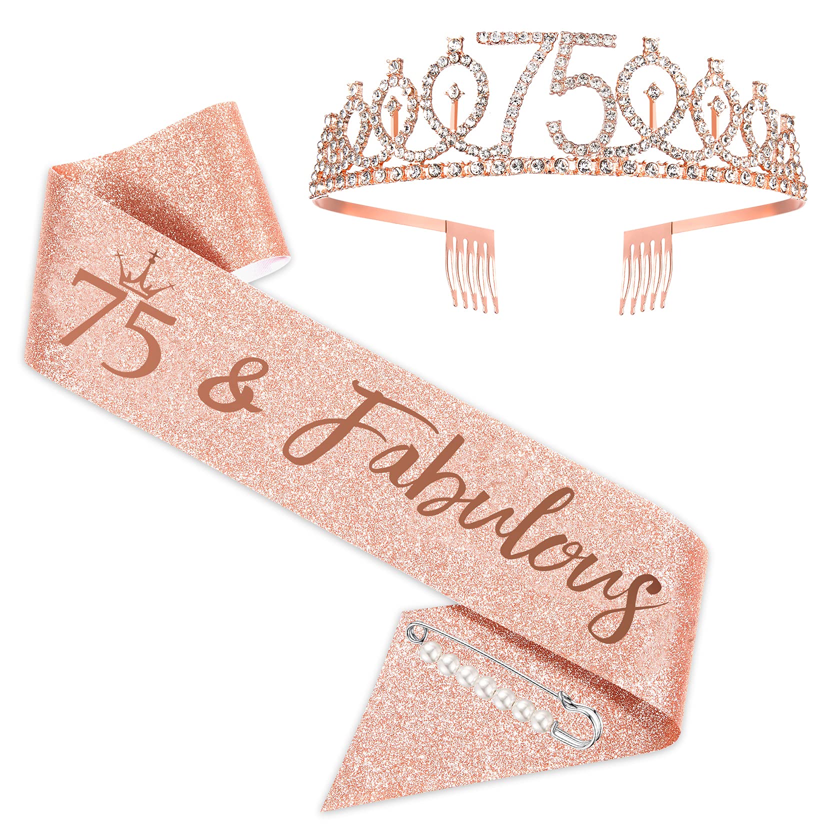SZHUIHER 75th Birthday Sash and Tiara for Women, Rose Gold Birthday Sash Crown 75 & Fabulous Sash and Tiara for Women, 75th Birthday Gifts for Happy 75th Birthday Party Favor Supplies