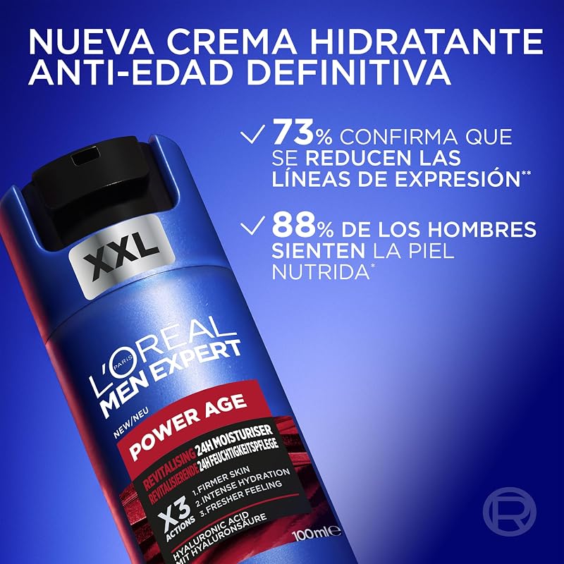 L'oréal creme hidratante para homens, antirrugas e antienvelhecimento, com ácido hialurônico hidratante para envelhecimento, para pele seca e opaca, men expert power age, 100ml