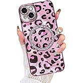 Fiyart Designed for iPhone 14 Plus Case,Compatible with MagSafe Plating Diamond Camera Protection Epoxy Cheetah Leopard Print Glitter Magnetic for Women Men Shockproof Phone Bumper 6.7"-Pink