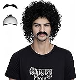 Miss U Hair Jerry Curl Wig Mens Short Black Curly Wig With Mustache 70s Rocker Mullet Halloween Costume