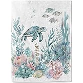 ainori Sea Turtle and Coral Flannel Blanket - Tranquil Ocean with Pastel Color Throw - Lightweight Soft Cozy Gifts Blankets for Kids Adult,Modern Artistic Coastal Decor,Home Room Accent 50x60in