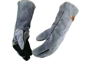 WZQH 16 Inches,932℉,Leather Welding Gloves, Heat/Fire Resistant,Large Mitts for BBQ,Oven,Grill,Fireplace,Tig,Mig,Forge,Baking,Furnace,Stove,Pot Holder,Animal Handling Glove.L Black-gray