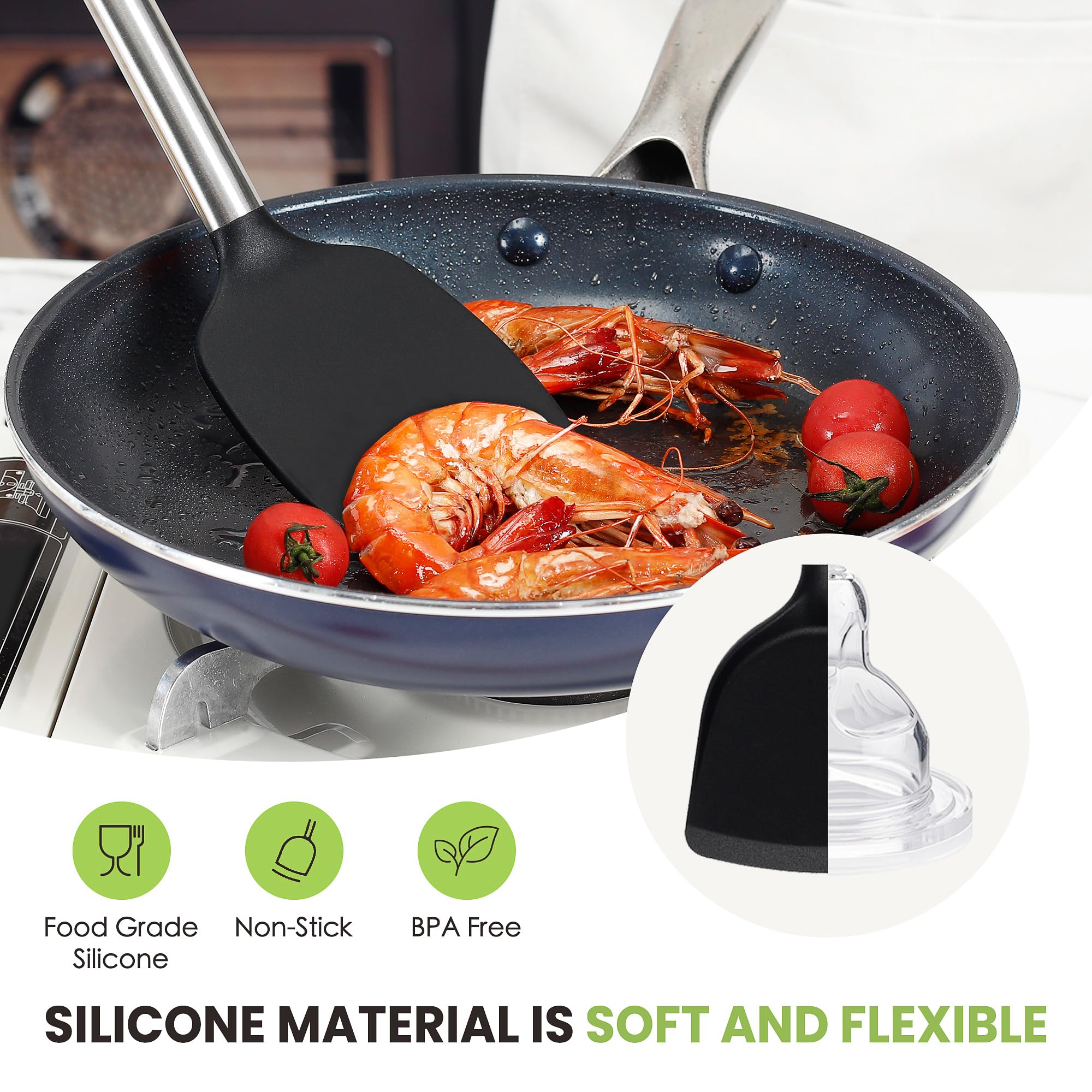 Large Cooking Utensils Set, 35 Pcs Kitchen Utensils Set with Holder, Silicone Spatula Set with Stainless Steel Handle, Whisk, Basting Brush, Kitchen Gadgets for Nonstick Cookware (Black)